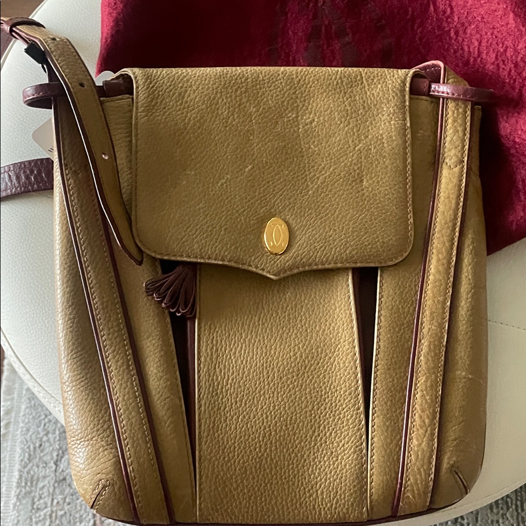 Cartier Tan Leather Crossbody With Brown Trim And Tassel